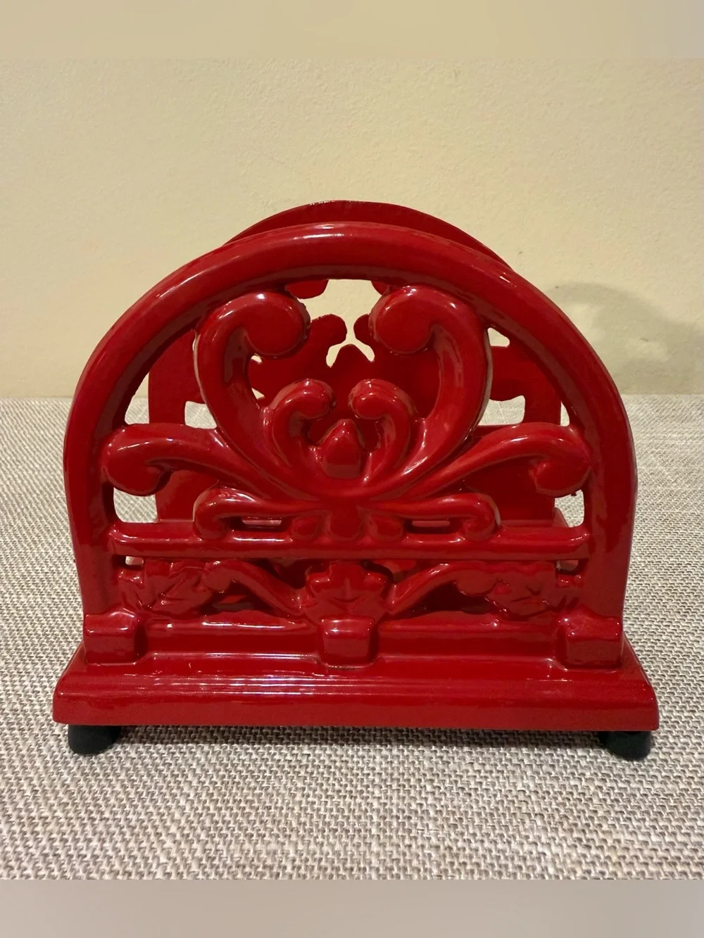 Vintage Red Ceramic Scrollwork Napkin Holder Heavy Centerpiece Home Decor